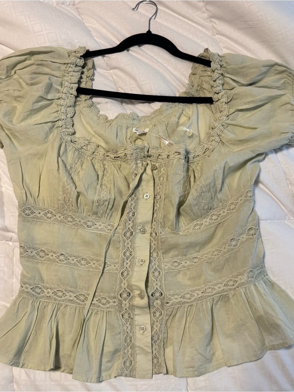 Kimchi Blue Sage Green Lace-Trim Button Front Peasant Top